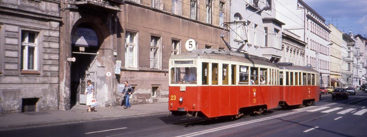 Bydgoszcz Aug 1990 Konstal 5N tram nr 23 and 5ND trailer on the lost route nr 5 Babia Wieś to Stomil